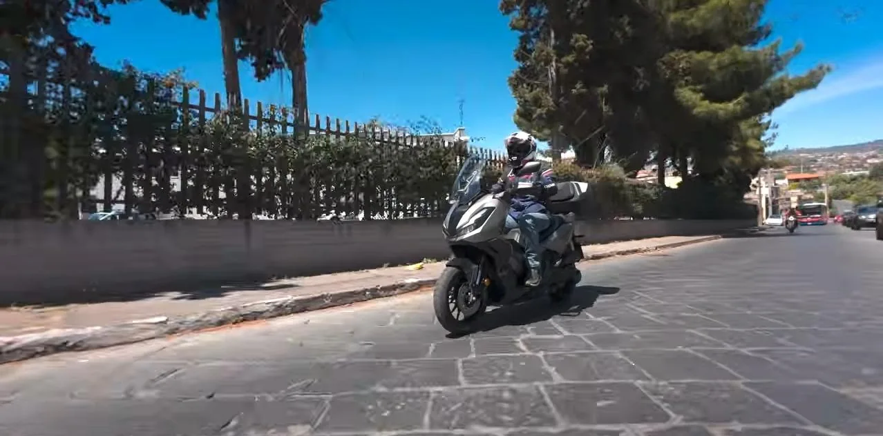 Selvilerle cevrili bir sehir yolunda ilerleyen scooter.